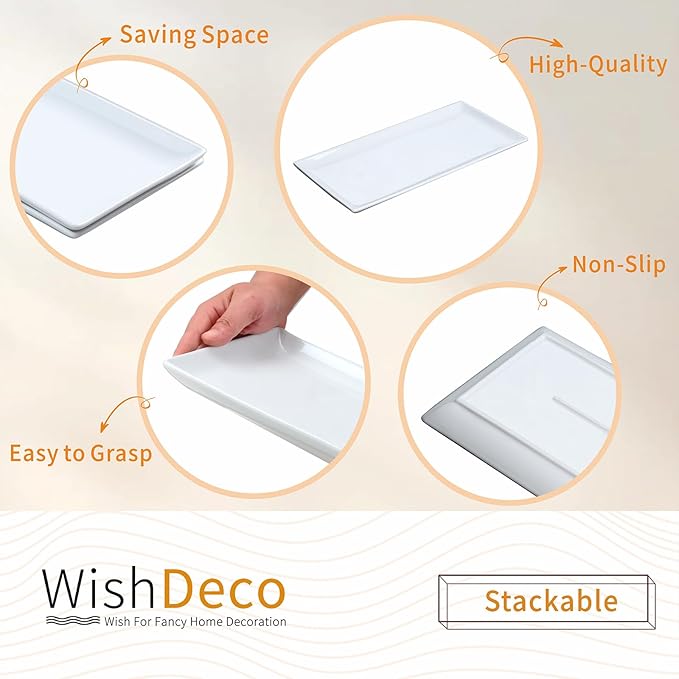 WishDeco Large Serving Platter Set of 2, Long Ceramic Serving Tray 16 inch, Rectangular Serving Dishes, White Plates for Entertaining, Fruit, Appetizer, Charcuterie, Oven & Dishwasher Safe