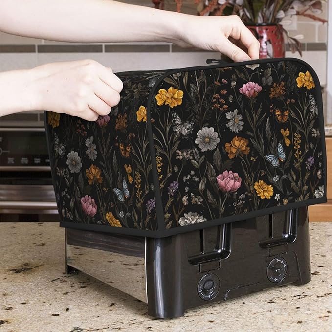 Toaster Cover 4 Slice Flower Butterfly Boho Botanical Kitchen Small Appliance Covers with Pockets Dust and Fingerprint Protection