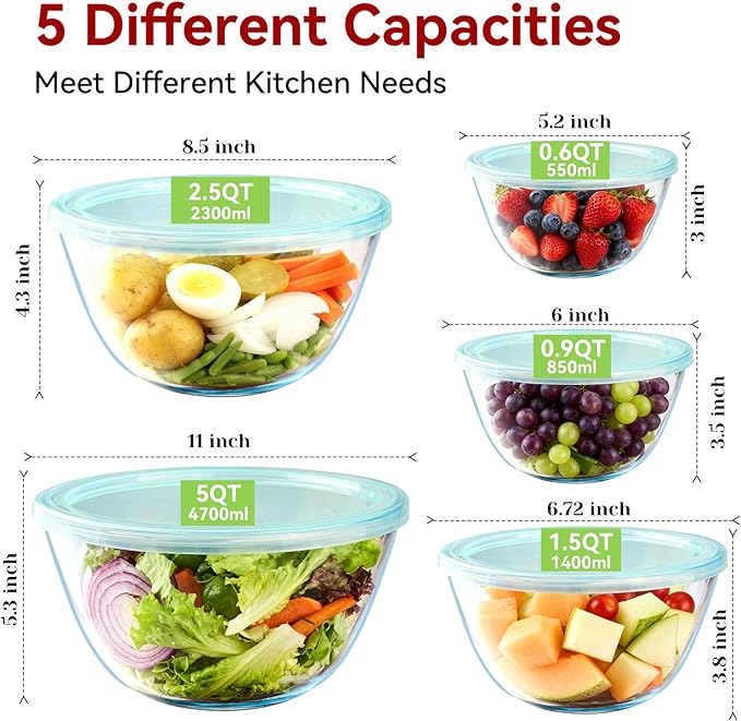 YUANYE 5 Pack Glass Mixing Bowls with Lids Set (5/2.5/1.5/0.9/0.6QT), Thick Glass Large Salad Bowl Set, Nesting Kitchen Bowls for Serving, Prepping, Cooking and Baking, Dishwasher,Oven,Microwave Safe