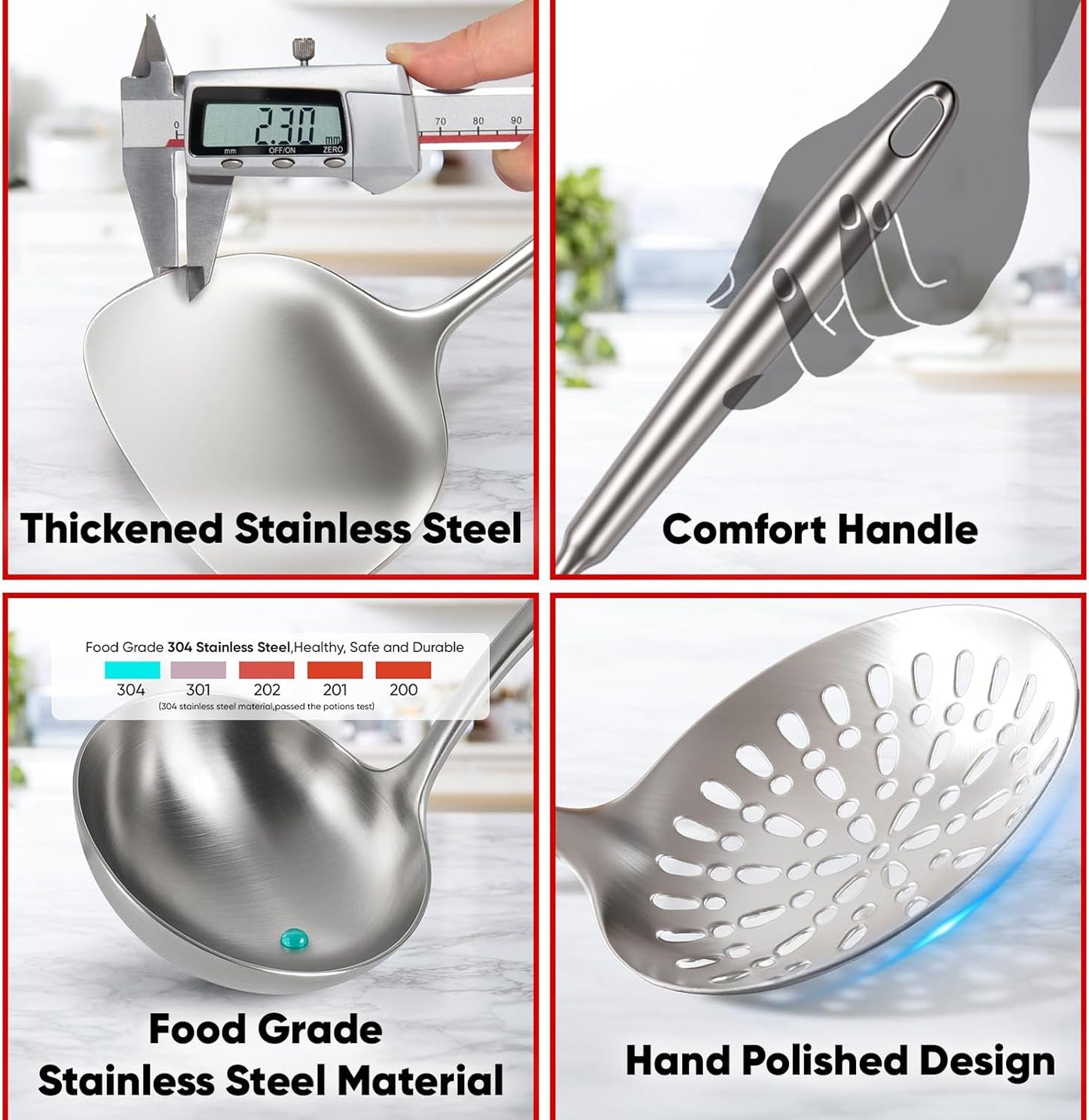 Newness 10 Pcs Cooking Utensils Set, 304 Stainless Steel Kitchen Utensils Set, Metal Kitchen Accessories, Include Soup Ladle, Slotted Skimmer Spoon, Spaghetti Spoon and Spatula, Tongs,Dishwasher Safe