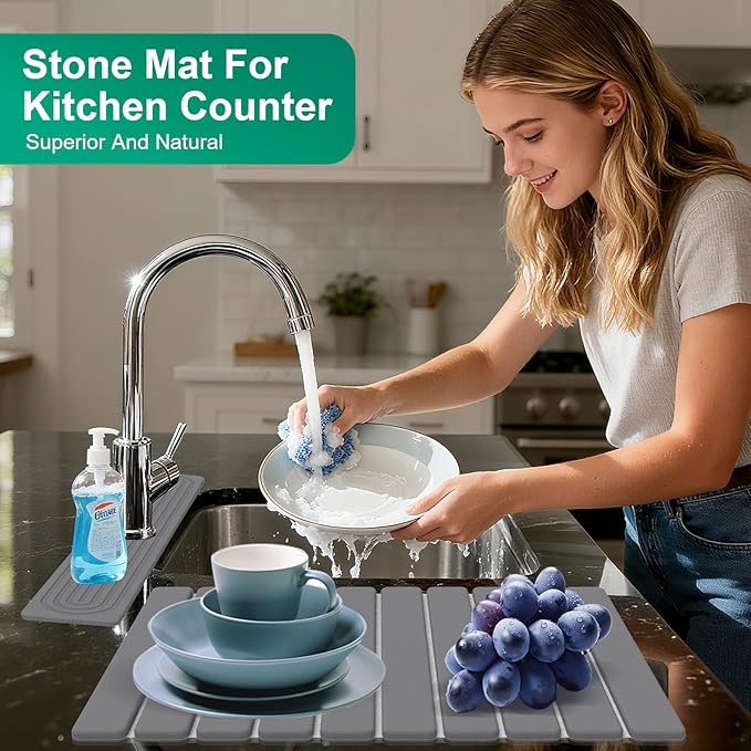 Stone Drying Mat for Kitchen Counter, 24"x16" Water Absorbing Dish Drying Mat with 24"x4" Faucet Mat for Kitchen Sink, Diatomaceous Earth Quick Dry Stone Mats for Dishes Bottles Cups (Dark Gray)