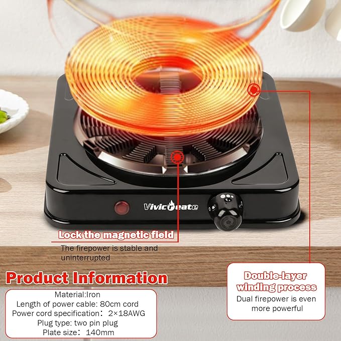 Vivicreate Electric Hot Plate, Portable Countertop Electric Cooktop, Adjustable Temperature Control, 110V Extra Burner for Apartment, Dorm, RV, Small Kitchen (Single Cast Iron Burner)