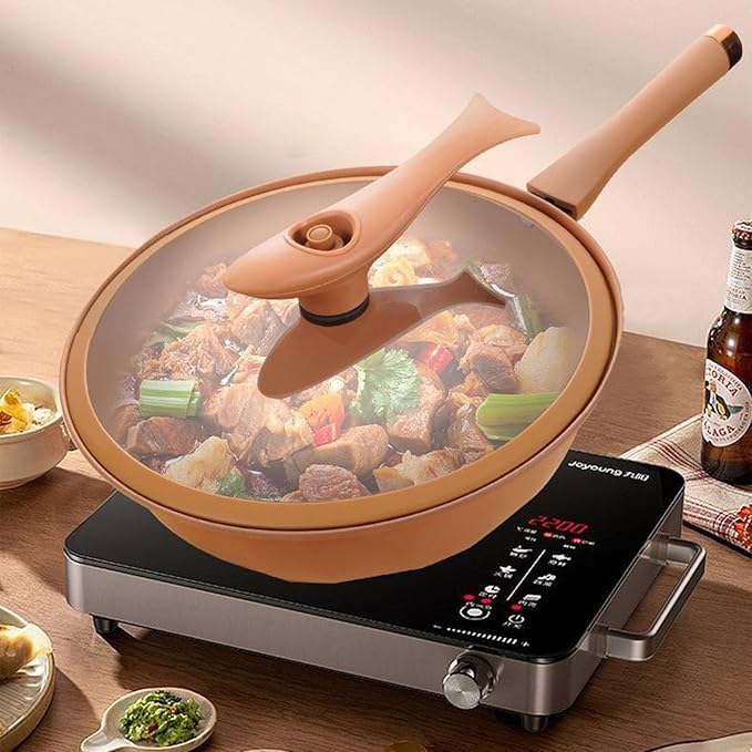 awakentti Light weight Cast Iron Wok, Iron Wok With Lid, Nonstick Wok, Steaming And Cooking All In 1 Frying Wok Flat Bottom for Induction, Electric, Gas, Halogen, All Stoves