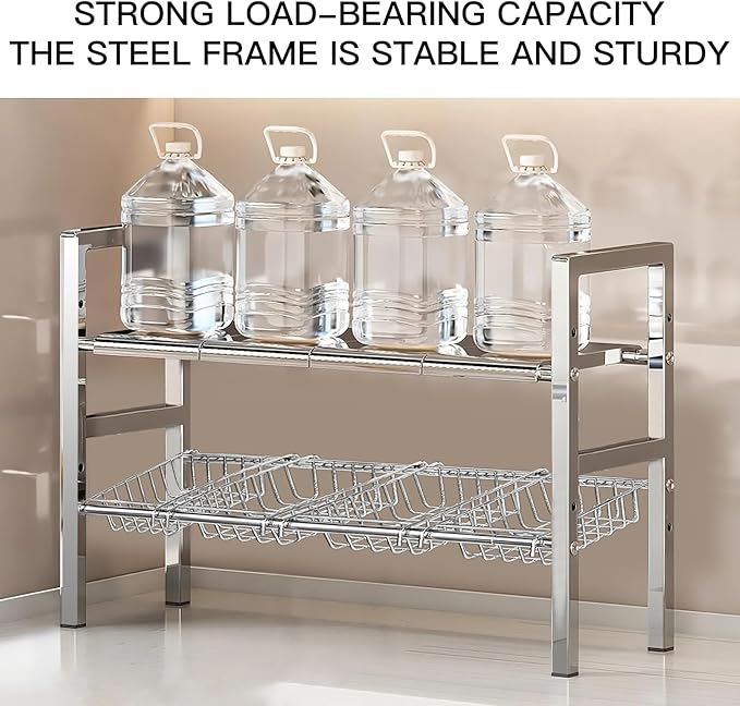 Large Under Sink Organizer 2 Tier Expandable Heavy Stainless Steel Shelf Adjustable Height for Under Kitchen Bathroom Sink Organizers and Storage (Large Size: 4 Panels 4 Storage Baskets)