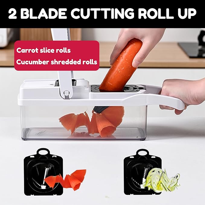 Vegetable Chopper,25 in 1 Multifunctional Food Chopper with Container,Kitchen Vegetable Slicer Dicer Cutter,Veggie Chopper Fruit Salad Potato,13 Blade Stainles Steel Blades（White）