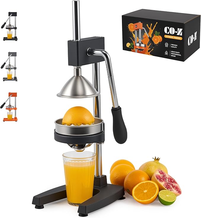 CO-Z Manual Citrus Juicer, Heavy-Duty Manual Juicer with Conical & Flat Pressure Plates, Professional Lemon Squeezer for Orange Pom Lime Lemon Juice, Dishwasher Safe Orange Juice Press, Black