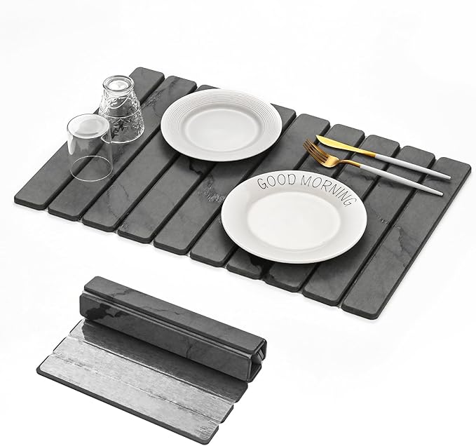 Large Stone Drying Mat for Kitchen Counter, 24''L x 16''W Diatomaceous Earth Collapsible Dish Drying Mat, Quick Drying Mat, Glasses and Flatware, Matches Any Countertop (Veined-B, 24" x 16")