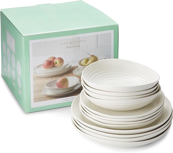 Portmeirion Sophie Conran 12 Piece Coupe Dinnerware Set - Dinner Plates, Side Plates & Bowls, Porcelain Kitchen Tableware for Everyday Dining & Entertaining - Durable & Dishwasher Safe