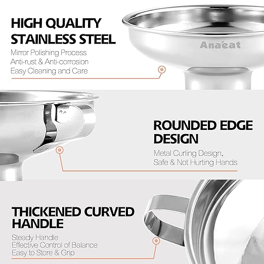 Anaeat Stainless Steel Canning Funnel with Handle for Wide and Regular Jars & Canning Jars, Wide-Mouth Funnels Excellent for Transferring Liquid and Dry Ingredients, Large Solids, Oil, Beans & Jams