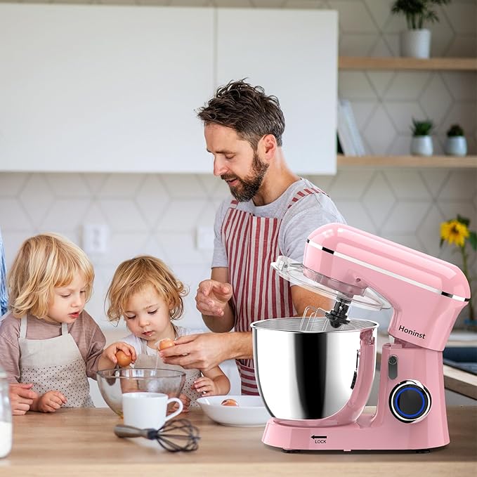 Honinst Stand Mixer, 6.5QT 10-Speed Tilt-Head Electric Stand Mixer, 3-In-1 Kitchen Mixer with Bowl, Dough Hook, Whisk and Beater, Food Mixer for Baking, Cake and Most Home Cooks, Pink