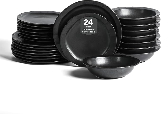 Stone Lain Oasis 24-Piece Dinnerware Set Stoneware, Dishwasher and Microwave Safe Plates and Bowls Set, Dish Set for 8, Black