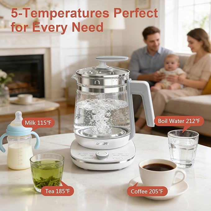 1200w Electric Kettle, 1.5L Borosilicate Glass tea kettle, Hot water kettle electric for Coffee or Tea, BPA Free, Auto Shut-Off, Stainless Steel, Fast Boil, White
