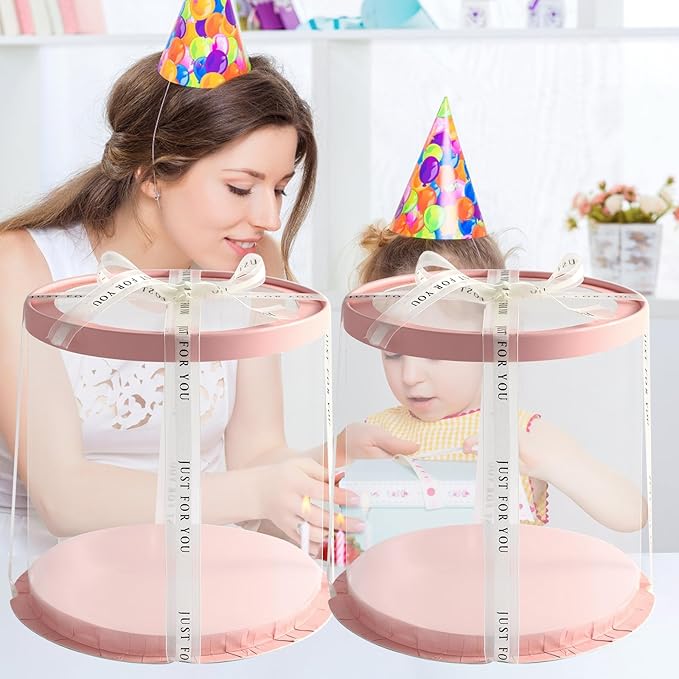 JCD Pink Multi-Layer 10 * 10 Inch Round Clear Cake Boxs with Ribbon,6 Pack Tall Transparent Packaging Cake Containers PET Cake Carrier Box for Birthday (Pink, Round 10inch/6pcs)