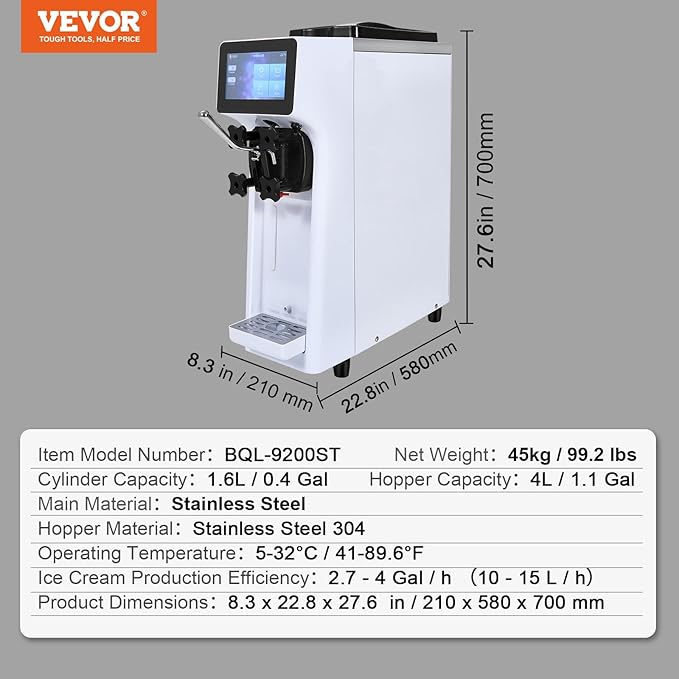VEVOR Commercial Ice Cream Machine, 1000W Single Flavor Soft Serve Ice Cream Maker, 10.6 QT/H Yield, 4L Hopper & 1.6L Cylinder, Touch Screen, Auto Clean & Pre-Cooling, Countertop Restaurant Snack Bar