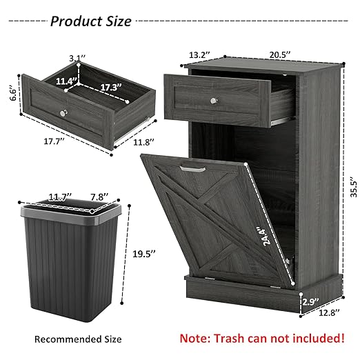 Tilt Out Trash Cabinet-Free Standing Kitchen Waste Bin-Wooden Recycling Trash Cabinet with Drawer-Oak Grey
