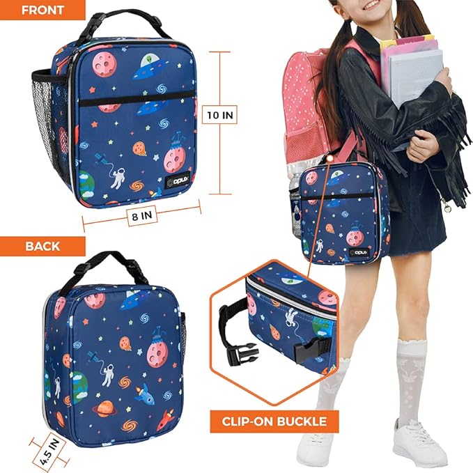 opux Premium Insulated Lunch Box, Soft School Lunch Bag for Kids Boys Girls, Leakproof Small Lunch Pail Men Women Work, Reusable Compact Cooler Tote Lunchbox for Office, Space Astronaut