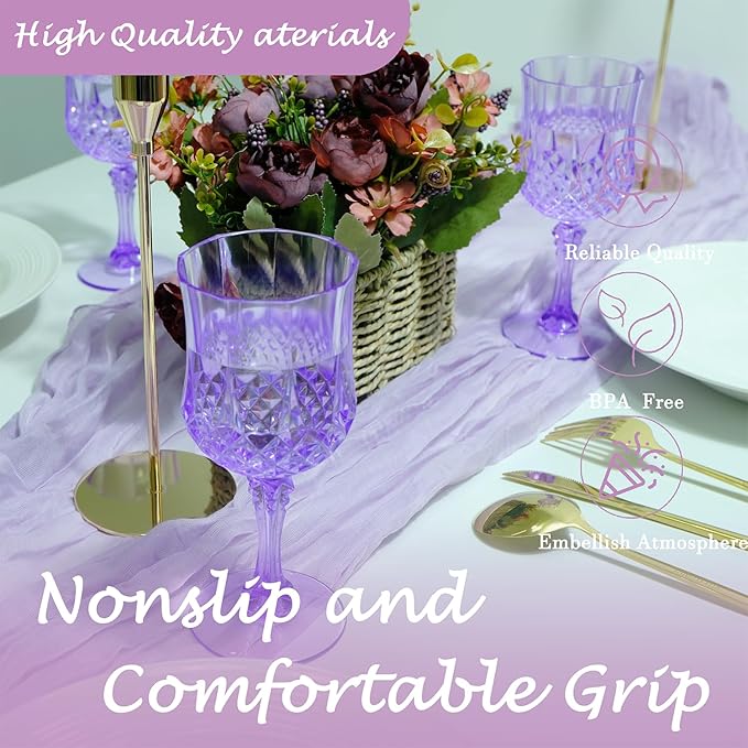 Plastic Wine Glasses, Plastic Goblets Vintage Style Cordial Unbreakable Drinking Glasses, Reusable Drinkware for Wedding Reception, Grand Event Party Supplies (48, Purple)
