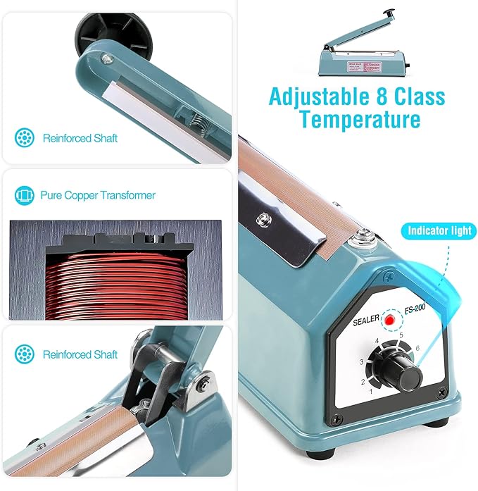 METRONIC Impulse Sealer 8 inch, Manual Heat Sealer Machine for Plastic Bags, Shrink Wrap Bag Sealers Heavy Duty Sealing Machine With Repair Kit (Blue)