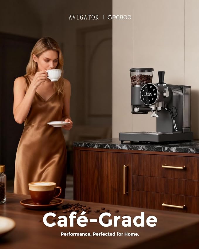 20 Bar Espresso Machine | LED Screen Touch Control | 6 Level Adjustable Grinder | Drip Coffee & Cold Brew, Milk Frother, Assisted Tamper & Built-In Accessory Storage Box | 50oz Tank