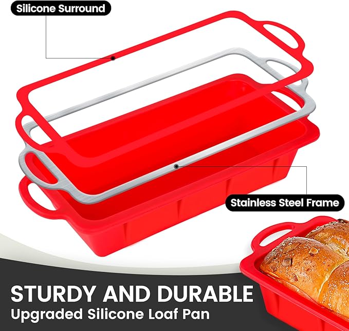 Vinino 2 Pack Silicone Bread Loaf Pan with Metal Reinforced Frame, 9.5 x 5 in Non-stick Silicone 1 lb Loaf Pan for Baking, Durable Bread Pan for Oven Dishwasher Safe - Red