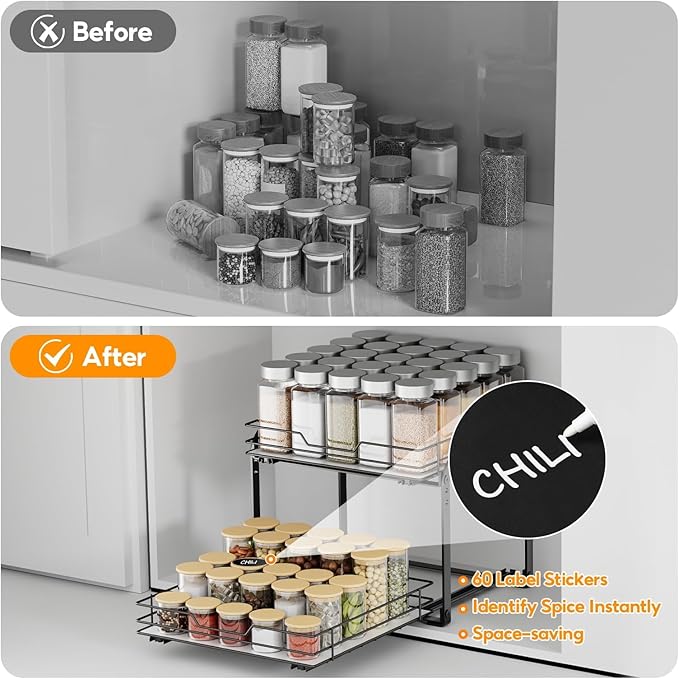 Spice Rack Organizer for Cabinet, 2 Tier Vertical Pull Out Spice Rack – Heavy Duty Metal Spice Organization for Cabinet, 60-Jar Capacity, Height Adjustable Cabinet Organizer, 13.58''Wx10.5''Dx9.5''H