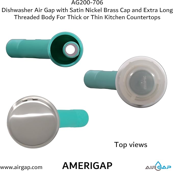Dishwasher Air Gap with Skirted Satin Nickel Brass Cap and Extra Long Threaded Body for Thick or Thin Kitchen Countertops (AG200-706, AG200-X06, AMERIGAP)