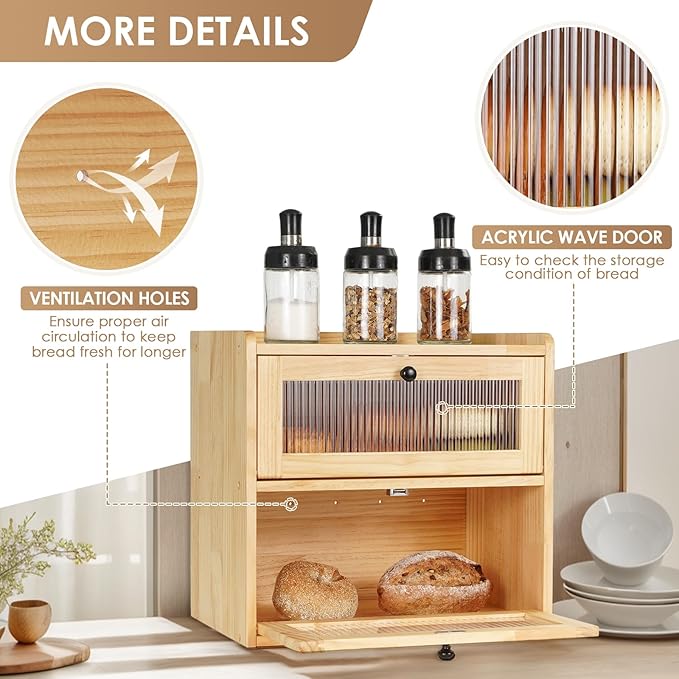 Sunhoo Bread Box for Kitchen Countertop Wooden Bread Storage Container Bin 2 Layer Breadbox Holder Large Capacity Keeper Vintage Farmhouse Food Organizer Pantry Shelf Acrylic Window（Wood color）