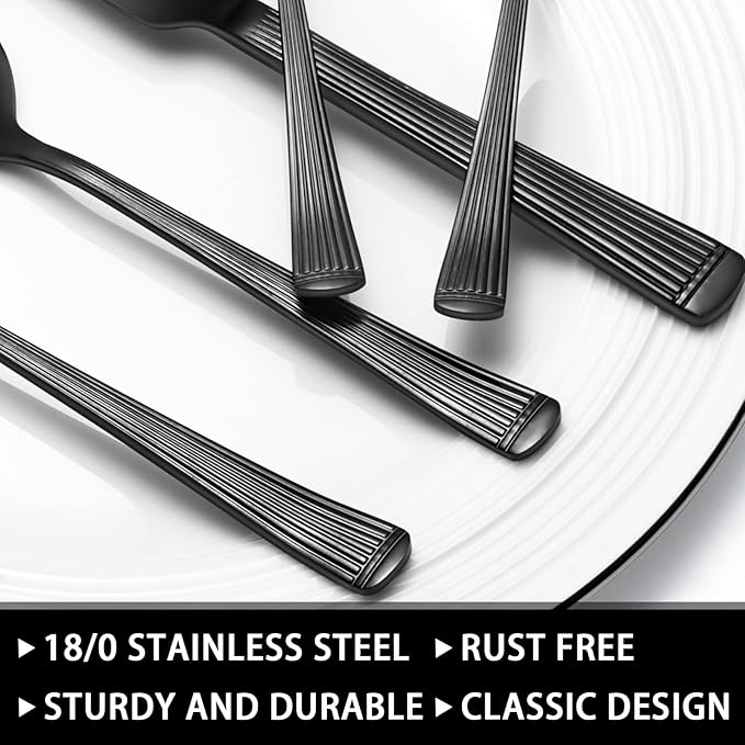 49-Piece Black Silverware Set with Organizer, Food-Grade Stainless Steel Black Flatware for 8, Cutlery Utensil Sets with Steak Knives, Rust-proof, Mirror Polished, Dishwasher Safe, Roman Column