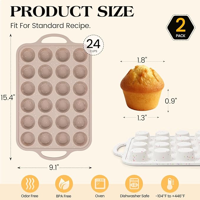 Vinino 2Pack Mini Silicone Muffin Pans for Baking with Metal Reinforced Frame, 24 Cups Mini Size Nonstick Cupcake Pan, BPA Free Oven Dishwasher Safe Baking Mold for Muffins Cupcakes