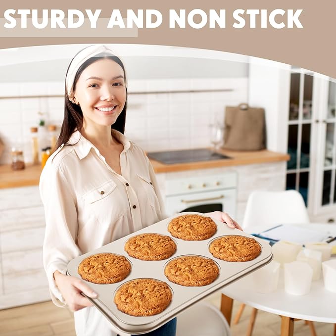Blushtier 6 Pack Jumbo Nonstick Muffin Baking Pan Muffin Tins Heavy Duty Cupcake Tin Gold Carbon Steel Cup Cake Tray for Baking Cupcakes, Dishwasher Safe Small Muffins Tarts