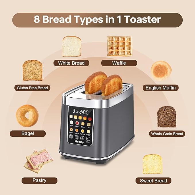 Mecity 2 Slice Toaster with Touch Screen & Auto Lift, Stainless Steel Cool-Touch Toaster with 8 Bread Settings, 5 Shade Levels, 1200W High Power, Keep Warm & Reheat Function, Metallic Grey, 120V