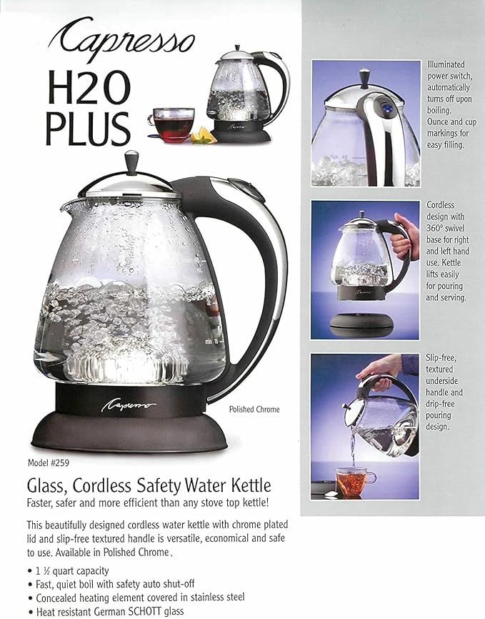 Capresso 259 Water Kettle, 10" x 8.25" x 6.25", Polished Chrome