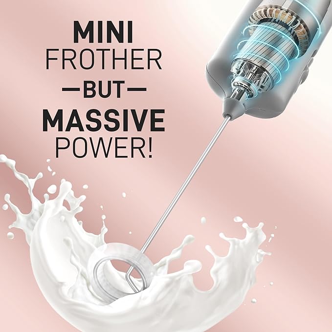 Mini & Mighty Milk Frother Wand – Powerful Handheld Coffee Frother, Battery Operated Drink Mixer – Compact Pocket Size – Detachable Whisk for Latte, Cappuccino, Matcha, Hot Chocolate – Silver
