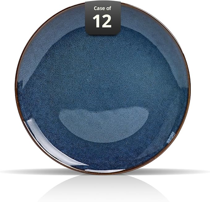 Organic Shape Restaurant Dinner Plates 10.5", Commerical Grade Catering Stoneware Plates in Ir-regular Organic Shape, Chip & Scratch Resistant, Glossy Reactive Glaze Blue, Case of 12