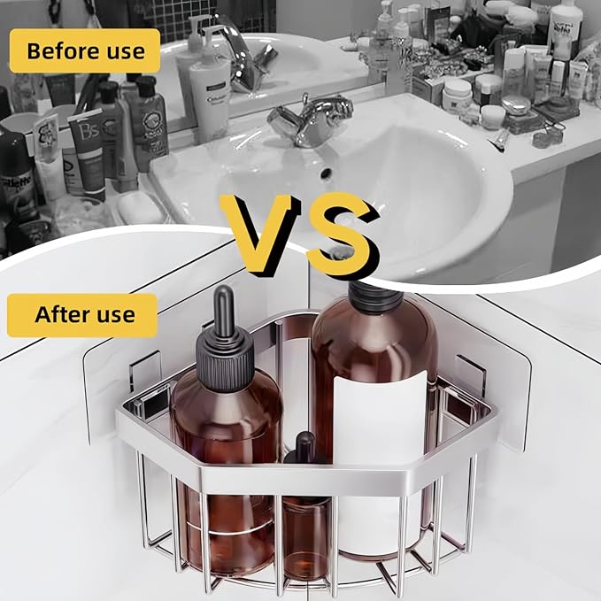 Wall Mounted Sink Caddy Organizer, Carbon Steel Kitchen Sponge Holder with 2 Adhesive Hooks, Triangular Drain Rack, 5.27x5.27x3.54 Inch (Silver)