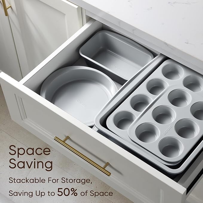 CAROTE 7-Piece Nonstick Stackable Baking Pans Set - Bakeware Sets Including Cookie Sheets for Baking, Muffin Pan, Bread Pan, Cake pan, Loaf Pan, Roasting Pan, Gray & Blue