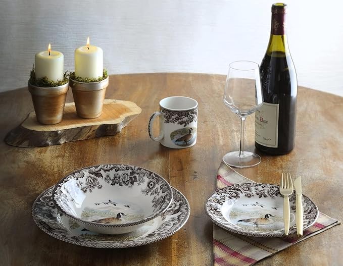 Spode Woodland Canadian Goose Dinner Plate - 10.5 Inch Fine Earthenware with British Flowers Border, Microwave, Oven, Freezer & Dishwasher Safe - Hunting-Inspired Thanksgiving Plate, Made in England