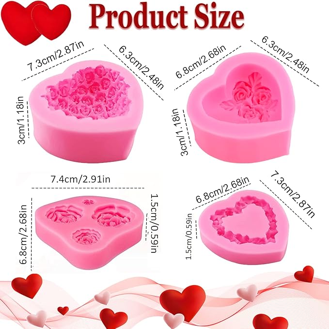 4 Pcs 3D Rose Flower Silicone Molds Mother's Day Fondant Mold Wedding Fondant Cake Molds Heart Candy Silicone Molds Chocolate Mould for Cake Topper Polymer Clay Soap Wax Making Party Supplies