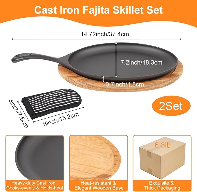 2 Sets Cast Iron Fajita Skillet Set Sizzling Plate with Wooden Base & Anti Scald Protection Hot Handle Cover, Cast Iron Skillets Set for Home Barbecue Kitchen Party Restaurant Catering Service