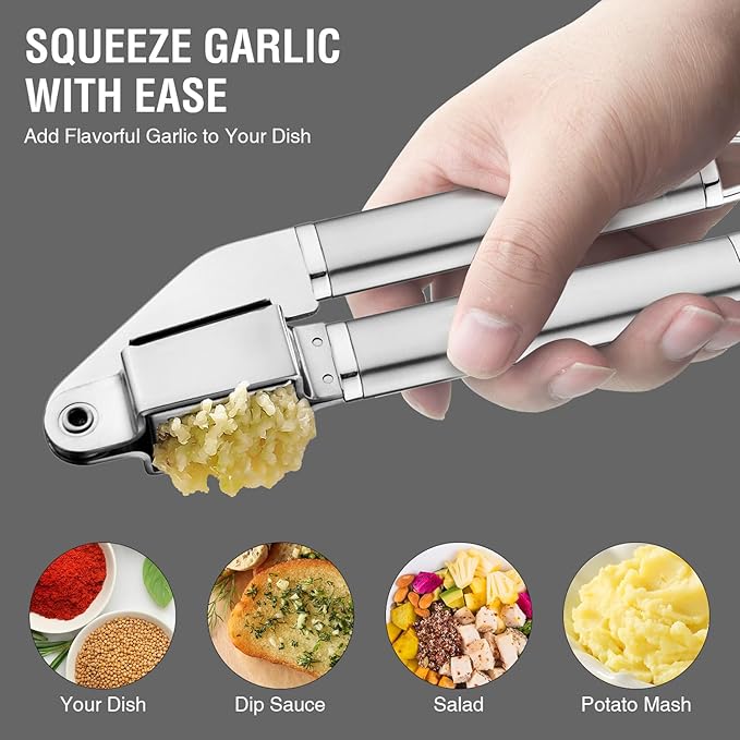 Stainless Steel Garlic Press Disassembly Garlic Mincer, Crusher & Peeler Kitchen Tool Professional Easy-Squeeze Rust Proof Easy Clean Garlic Press (Mirror Polishing Head)