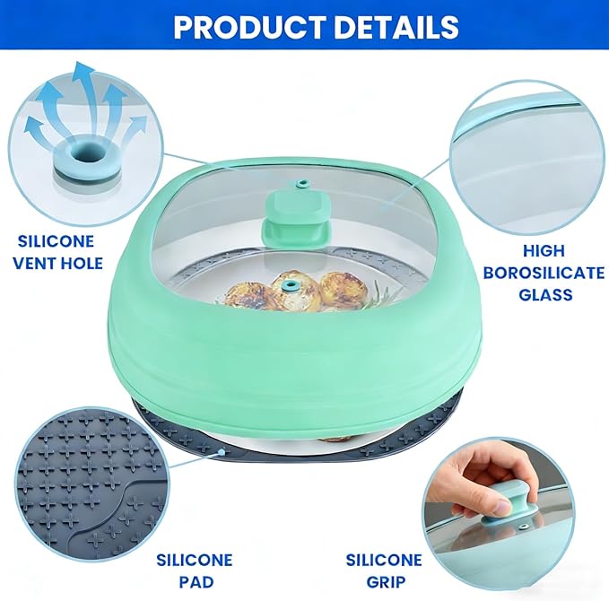 Microwave Splatter Glass Cover with Silicone Mat,Food Safe Collapsible Silicone Microwave Cover for Food with Vent Hole and Easy Grip Silicone Handle Knob,BPA Free,Dishwasher Safe (Green)