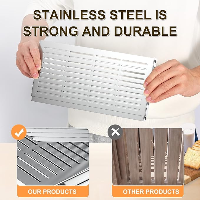Stainless steel Bread Slicer for Homemade Bread,Adjustable Width,Foldable Compact,Bread Slicing Guide,Bread Loaf Slicer,for Cakes,Bagels,slice is 0.5",Bread width: 5.5"-8.3" (Satin Silver)