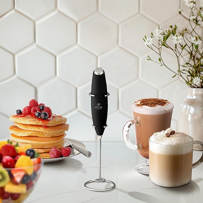Zulay Premium Gift Milk Frother Set – Handheld Coffee Frother with Stand, 12oz/350ml Frothing Pitcher + 4 Latte Art Stencils – 13,000 RPM Motor, SS Whisk, Battery Operated – Barista Kit (OG Black)
