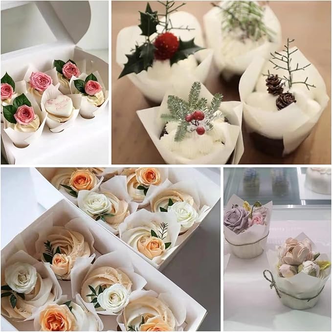 Large size White+Brown Tulip Baking Cups 2-1/4"(Base diameter) x 4"(Wall height) Greaseproof paper baking cupcake Muffin liners, Case of 130 pcs
