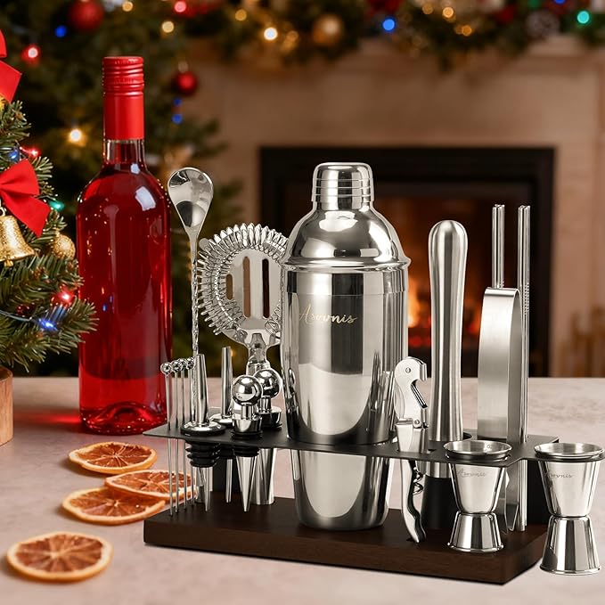 23-Piece Bartender Kit, Cocktail Shaker Set with Stand | Bar Set Drink Mixer Set with All Essential Bar Tools: Martini Shaker,Bar Mixer Spoon, Jigger, Strainer, Muddler, Pourers, for Home, Bar, Party