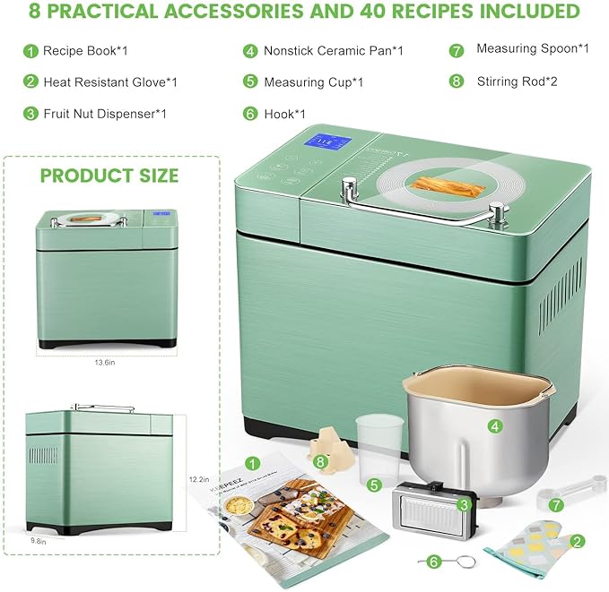 2.2LB Larger Bread Maker Machine with Dual Heaters, 17-in-1 Bread Machine With Die-Cast Ceramic Pan & Auto Fruit Dispenser, Full Stainless Steel Breadmaker, 15H Timer&Keep Warm, Sourdough, Gluten-Free