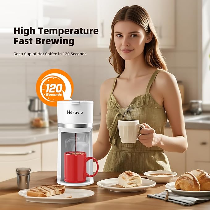 Horavie Mini Single Serve Coffee Maker for K Cup and Ground Coffee, Fast Brew One Cup Coffee Machine with Descaling Reminder and Water Window, 6 to 12 oz. Brew Sizes, White