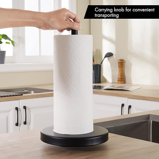 KES Matte Black Paper Towel Holder Countertop, Kitchen Paper Roll Holder Stand with Weighted Base Heavy for Standard or Gaint Rolls SUS304 Stainless Steel Matte Black, KPH202-BK