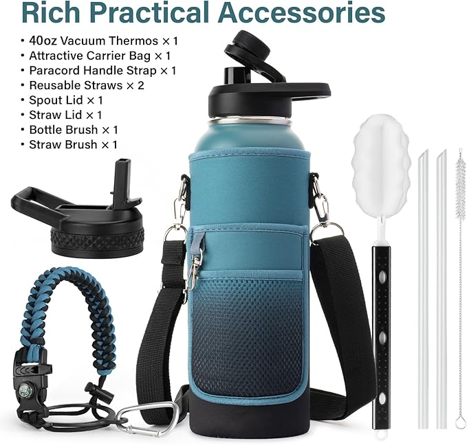 DYSANKY 40 oz Insulated Water Bottle | Thickened Stainless Steel Vacuum Metal Portable Sports Water Jug for Gym and Hiking with Straw, Carrier Bag, Handle Strap | BPA-Free 40 oz