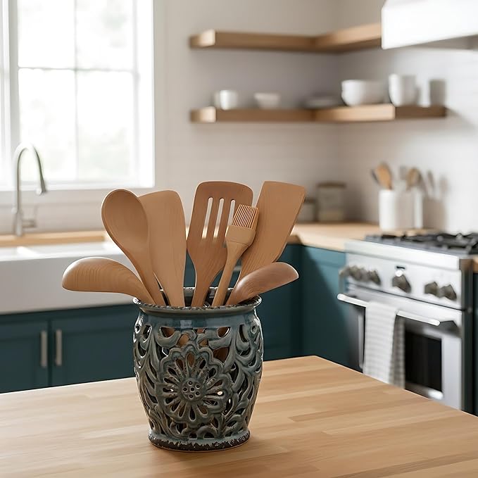 Farmhouse Kitchen Utensil Holder for Kitchen Counter, Ceramic Large Cooking Utensil Crock with Cork Mat, Decorative Rustic Utensil Organizer for Countertop, Spatula, Grayish Blue